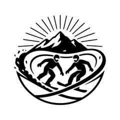 Winter snow activities vector art of skiers enjoying a sunny day on the slopes in silhouette