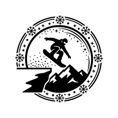 Winter snow activities vector art of snowboarder jumping from a cliff in vector illustration