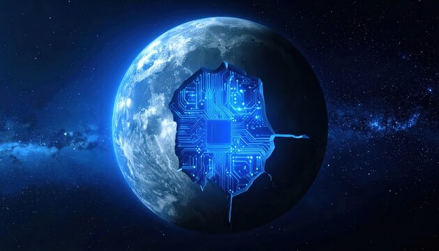 Futuristic depiction of a planet featuring a digital circuit board integrated within the surface, set against a star-filled cosmic backdrop with luminous blue highlights, showcasing technological...