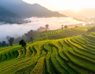 Terraced rice fields with misty mountains at sunrise