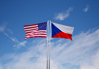 flags of  Czech and United States of America over blue sky background.