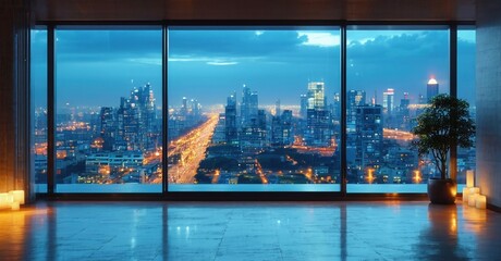 Ultra thin glossy flat display off executive suite with open skyline view