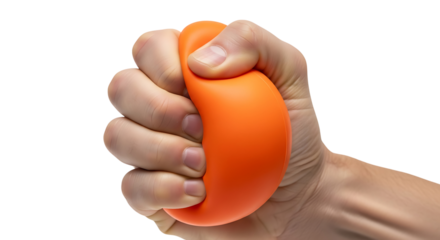 Hand squeezing an orange stress ball isolated on white background