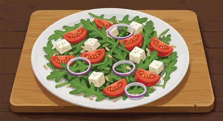 Fresh arugula salad with tomato, onion, feta cheese, pine nuts on white plate, healthy vegetarian dish, rustic food presentation
