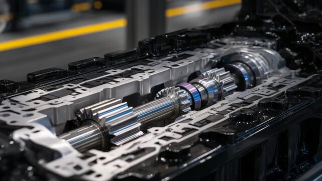 Explore the intricate craftsmanship of engineering with a detailed macro shot of gears, valves, and a polished engine block.