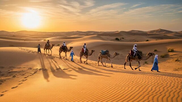 Camel caravan traverses the undulating sand dunes at sunset in the desert