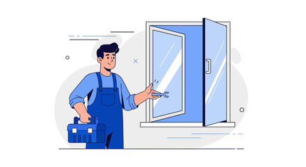Window Repair Illustration Featuring a Smiling Technician with Necessary Tools for Fixes