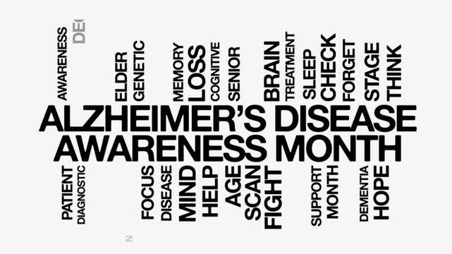Alzheimer’s Disease Awareness Month concept Animated Tag Word Cloud kinetic typography, Text Design Animation typography seamless loop video motion graphics Intro black type on white bg background 
