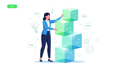 Woman Building Data Blocks, Technology and Innovation Concept Illustrated, Business Vision