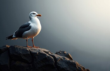 Obraz premium Seagull standing on rocky surface against a soft gradient background