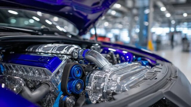 Explore the intricate details of an engine compartment, highlighting belts, pulleys, and polished aluminum surfaces under pristine lighting, exemplifying superior automotive craftsmanship.