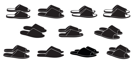 House slippers, black silhouette, minimalist stencil design, vector illustration on a transparent background.