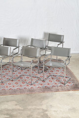 Set of six tubular steel armchairs, grey seats, Bauhaus, mcm, midcentury
