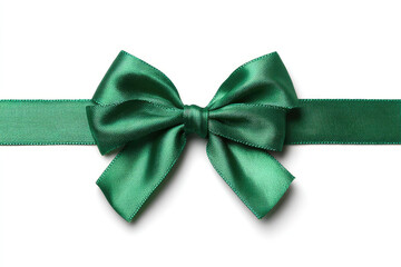 Single gift silk bow of green cross ribbon isolated on white