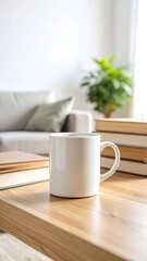 Obraz premium White mug on a wooden table in a living room