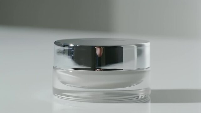 Clear Glass Jar with Silver Lid Displayed on a Clean White Surface in Studio Lighting