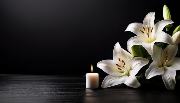 Black Funeral Background With Candle And White Lilies Minimal Condolence Design