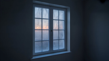 Fototapeta premium Frosted window with sunrise light on a cold winter morning