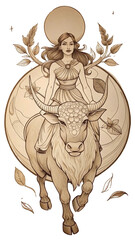 Esoteric Woman with Bull Horns Representing the Taurus Sign, Astrology Art Style 