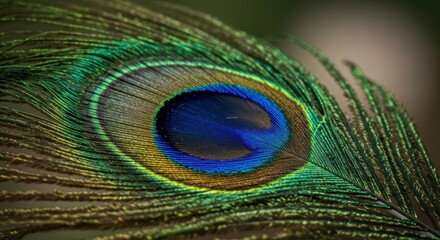 Fototapeta premium Close up macro photograph of a peacock feather detail displaying vibrant colors and intricate textures