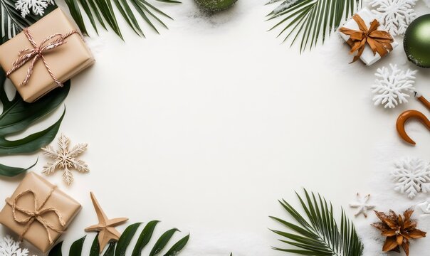 Tropical palm and monstera leaves with snowflakes and gifts forming a festive white background frame