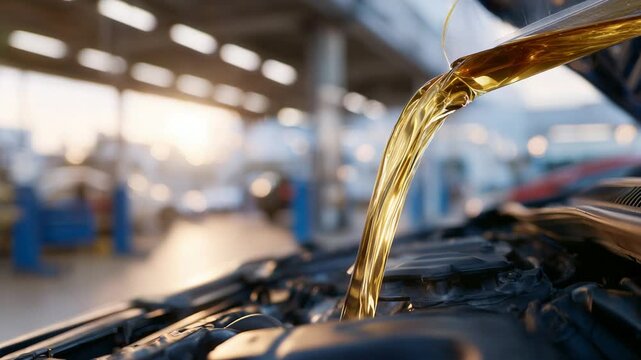A detailed automotive maintenance scene featuring golden oil pouring into an engine compartment against a softly shadowed, blurred garage backdrop.