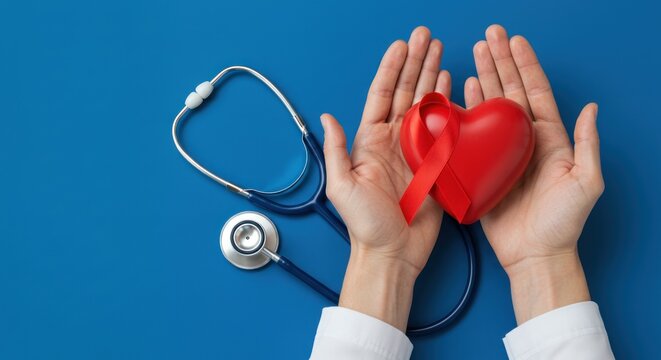 Hands holding red heart with ribbon and stethoscope against blue backdrop healthcare concept