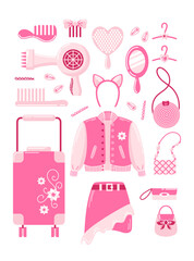 A collection of fashionable pink accessories inspired by the 2000s. Perfect for dolls, girls, and princesses. vector illustration with vibrant, eye-catching designs.