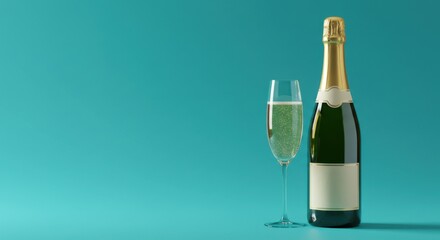 Bottle of champagne and glass on solid blue background  
