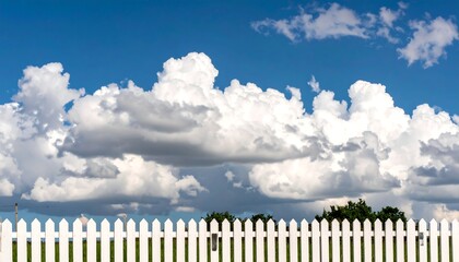 Fototapeta premium White picket fence under a vast, fluffy sky