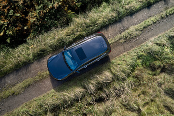 A dark-colored vehicle drives along a rough dirt path lined with tall grass and dense foliage, showcasing the beauty of a tranquil outdoor environment in bright sunlight.