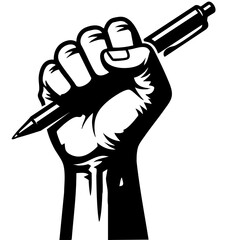 A clenched fist holding a pen, symbolizing writing, power, and expression.
