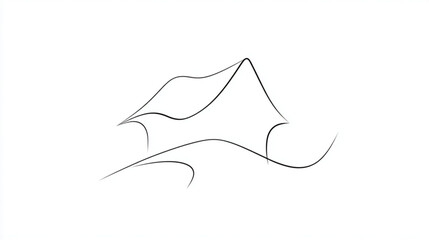 Minimalist single line drawing of a simple house on a hill.