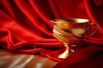 Elegant golden cup resting on luxurious red fabric, highlighting opulence and sophistication