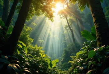Obraz premium Vibrant Lush Rainforest Canopy Sunbeams Filtering Through Verdant Foliage Wildlife Habitat Tropical Paradise