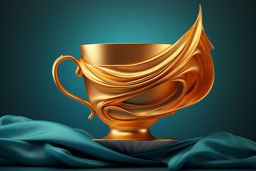 A golden trophy cup elegantly draped in flowing silk fabric against a teal background, symbolizing victory