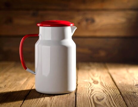 White pitcher with red lid on wooden table