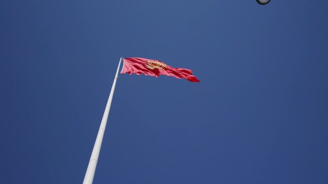 Detail of the national flag of Kyrgyzstan waving in the wind on a clear day.