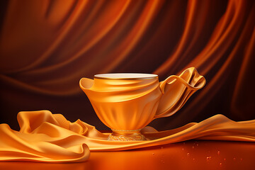 Elegant golden tea cup draped in luxurious fabric against a warm, rich background