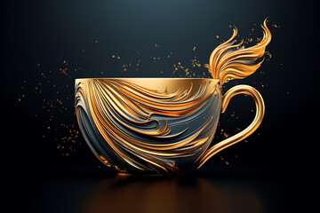 Elegant golden cup with swirling patterns, steam rising, dark background emphasizing artistry