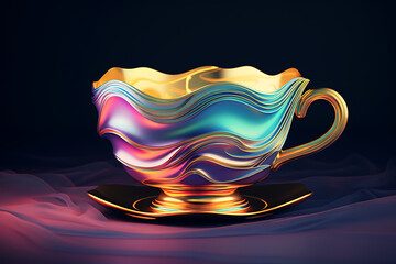 A vibrant, swirling, metallic teacup resting on a sleek black saucer against a dark backdrop