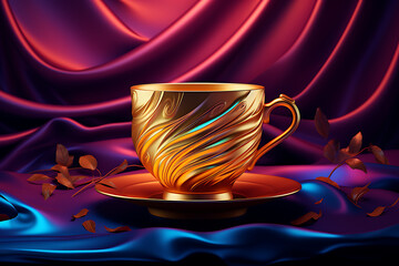 Elegant golden cup on a rich, colorful fabric backdrop with flowing drapes and leaves