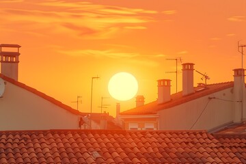 Vibrant sunset over rooftops with warm orange hues and silhouettes of chimneys and antennas