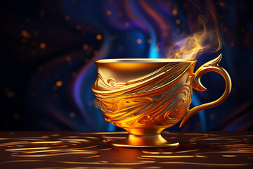 Ornate golden cup with steam rising, set against a mystical background of swirling colors