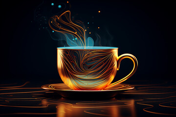 A beautifully designed cup of steaming beverage with swirling patterns, set against a dark background
