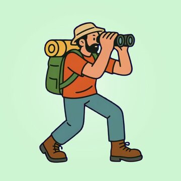 Explorer cartoon character binoculars adventure animation isolated asset, transparent 4K video, alpha channel, ProRes 4444