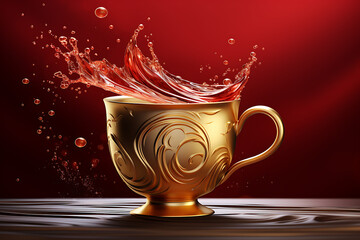 Golden cup splashing vibrant liquid against a rich red backdrop, creating dynamic motion