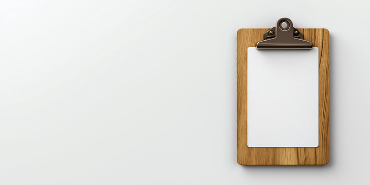木製クリップボードと白い紙のミニマル背景