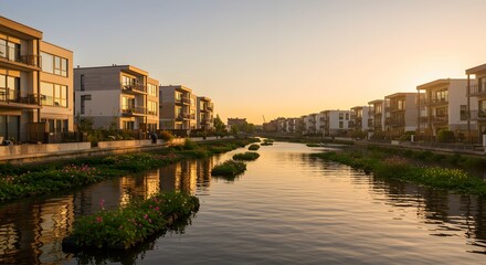 Fototapeta premium Modern Residential Buildings Along River at Sunset with Flowers