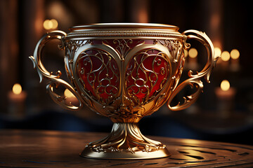 Ornate golden trophy with intricate designs and red accents, set in a dimly lit room with candles